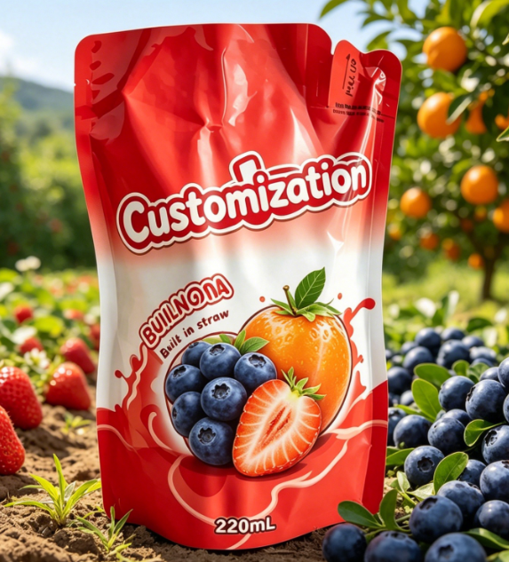 Egyedi nyomtatott beépített szívószálas tasakok 220 ml-es lé, gyümölcspüré italokhoz