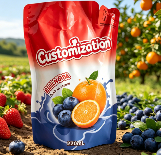 Egyedi nyomtatott beépített szívószálas tasakok 220 ml-es lé, gyümölcspüré italokhoz