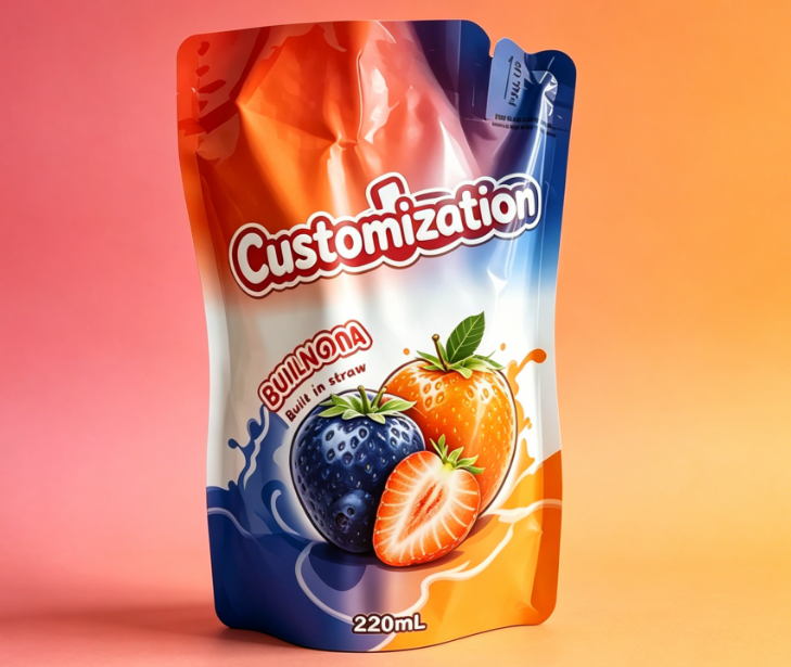 Egyedi nyomtatott beépített szívószálas tasakok 220 ml-es lé, gyümölcspüré italokhoz