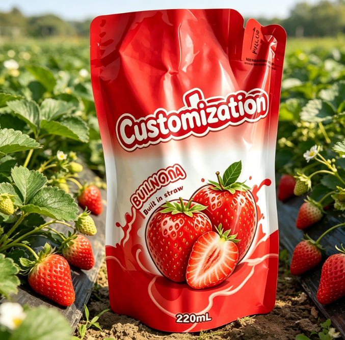 Egyedi nyomtatott beépített szívószálas tasakok 220 ml-es lé, gyümölcspüré italokhoz