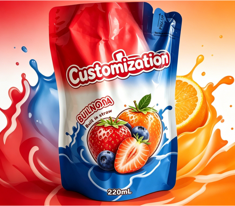 Egyedi nyomtatott beépített szívószálas tasakok 220 ml-es lé, gyümölcspüré italokhoz