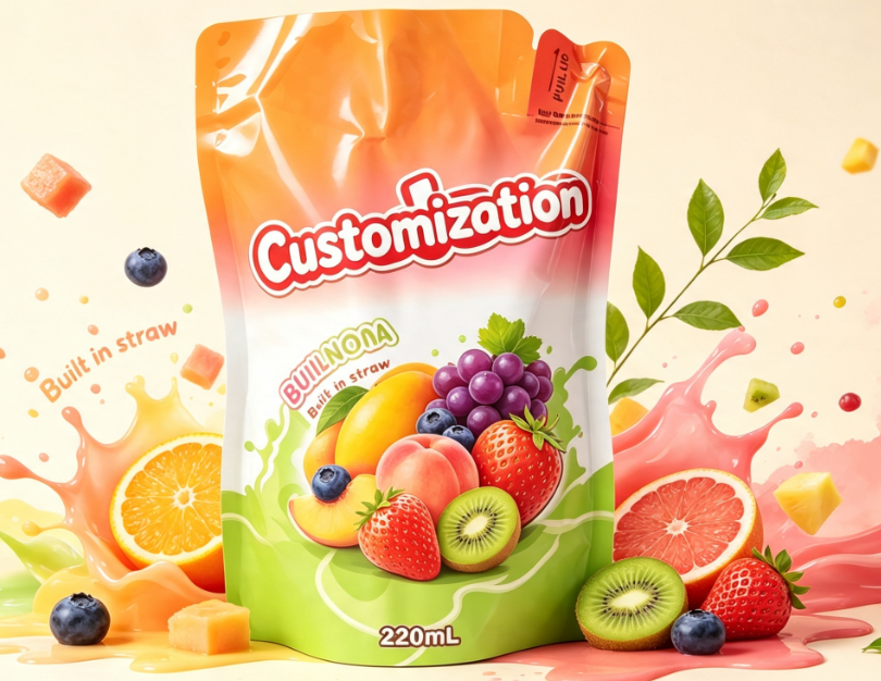 220 ml-es vegyes gyümölcslé, beépített szalmazacskók egyedi nyomtatott italcsomagoló zacskók