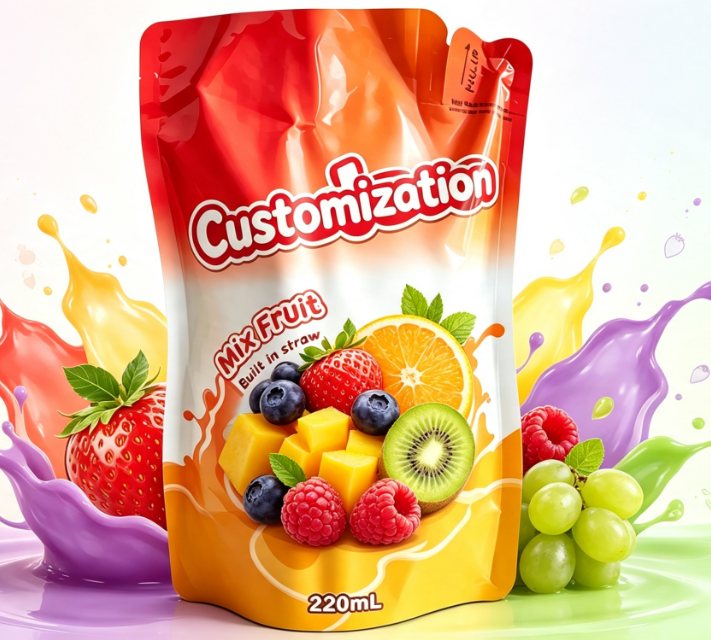 220 ml-es vegyes gyümölcslé, beépített szalmazacskók egyedi nyomtatott italcsomagoló zacskók