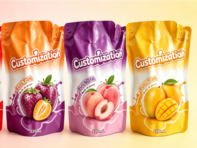 Multi Flavours 220 ml-es beépített szalmapréses tasakok Egyedi gyümölcspüré és -lé csomagoló zacskók