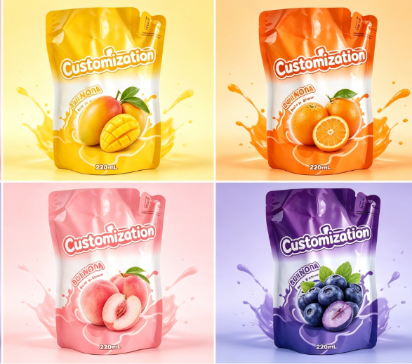 Multi Flavours 220 ml-es beépített szalmapréses tasakok Egyedi gyümölcspüré és -lé csomagoló zacskók