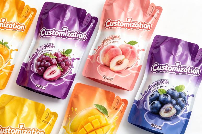 Multi Flavours 220 ml-es beépített szalmapréses tasakok Egyedi gyümölcspüré és -lé csomagoló zacskók