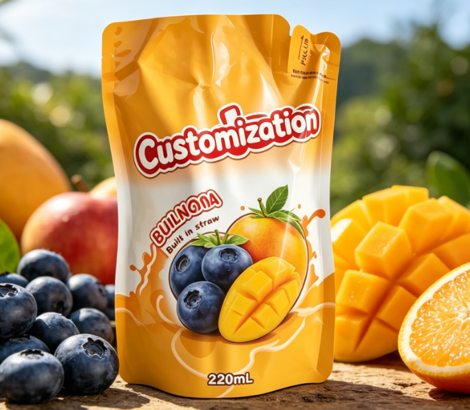 220 ml Mangó Gyümölcspüré Beépített szívószálas tasakok Egyedi nyomtatott italcsomagoló zacskók